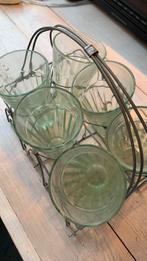 Brocante setje van 6 glazen in rekje, Ophalen of Verzenden