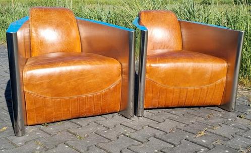 Set Aviator fauteuils vintage leer roestvrij staal + BEZORGD, Huis en Inrichting, Fauteuils, Nieuw, Leer, Ophalen of Verzenden