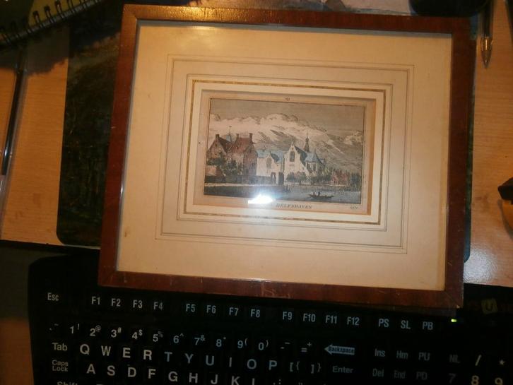 Erg Oude Gravure van Delfshaven met certificaat, Antiek en Kunst, Kunst | Etsen en Gravures, Ophalen of Verzenden