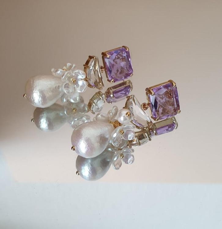Handgemaakte katoen parel oorbellen met paarse kristallen, Sieraden, Tassen en Uiterlijk, Oorbellen, Nieuw, Knopjes of Stekers