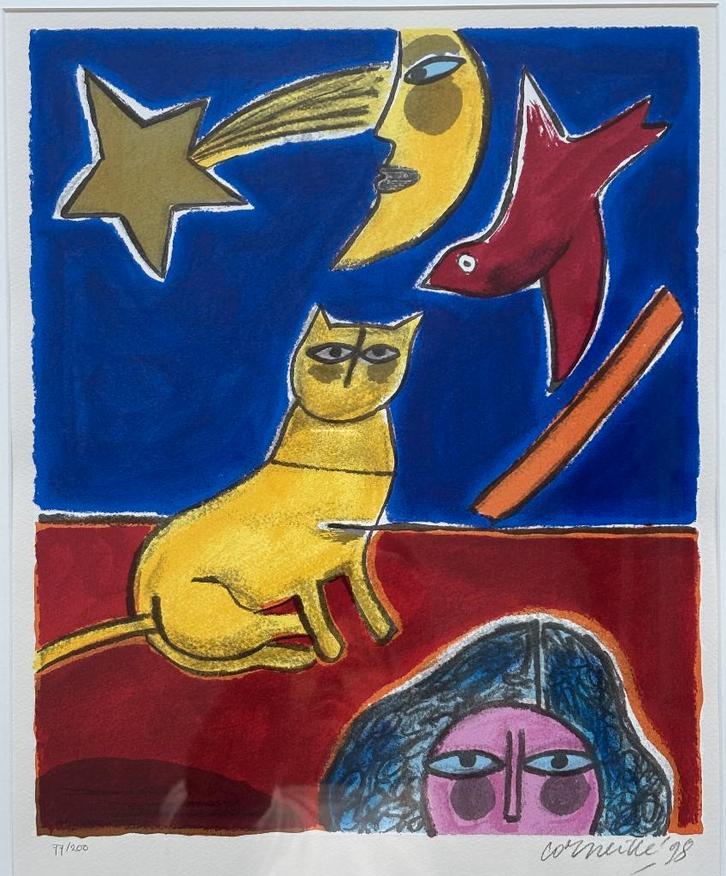 Corneille (1922-2010) – Kat, maan, vogel en vrouw (1998), Antiek en Kunst, Kunst | Litho's en Zeefdrukken, Ophalen of Verzenden