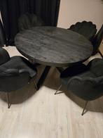 Eetkamerset Dubbelman Design - Mangohout & Velvet, Huis en Inrichting, Ophalen of Verzenden, Zo goed als nieuw, Modern, 4 tot 6 stoelen