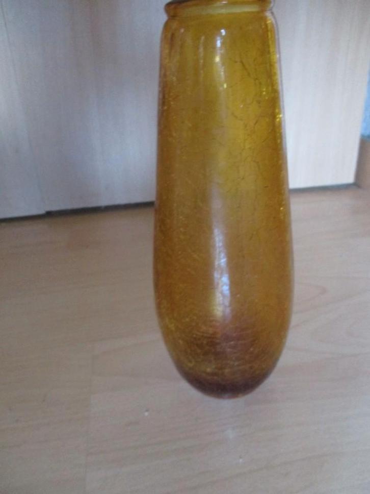 Craquelé geel bruinige vaas., Huis en Inrichting, Woonaccessoires | Vazen, Gebruikt, Overige kleuren, Minder dan 50 cm, Glas, Ophalen of Verzenden