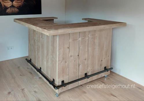 Steigerhouten hoekbar huisbar steigerbuizen zwart wielen, Huis en Inrichting, Barren, Nieuw, Ophalen of Verzenden