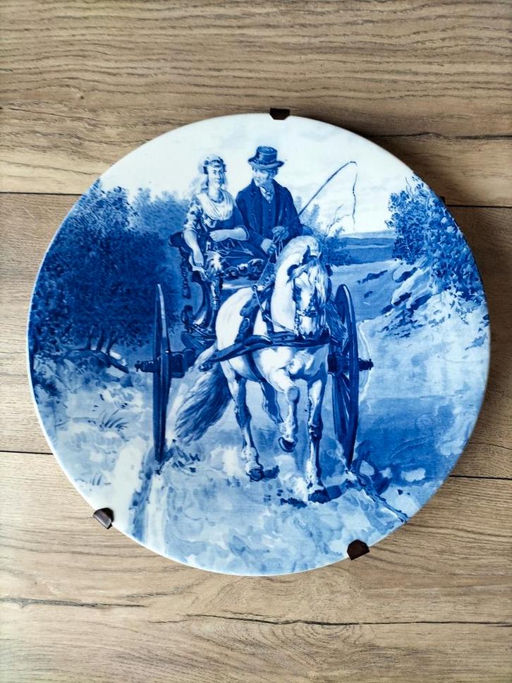 Delftsblauwe wandbord met paard en wagen, Antiek en Kunst, Antiek | Wandborden en Tegels, Ophalen of Verzenden