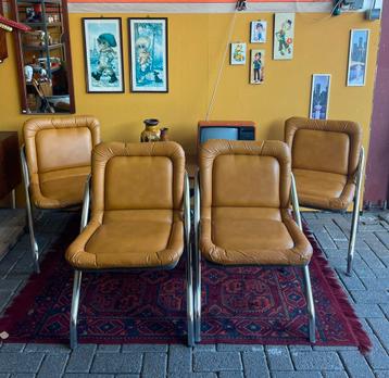 4 vintage jaren 70 okergele buisframe stoelen, eetkamer beschikbaar voor biedingen