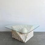 Vintage mactanstone salontafel glas met bol travertin, Huis en Inrichting, Tafels | Salontafels, Ophalen, Gebruikt, 100 tot 150 cm
