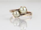 Antieke roségouden ring met twee parels in kroonzetting, Ophalen of Verzenden, Goud, Ring