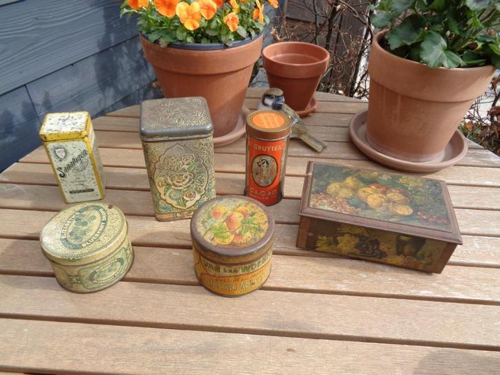 6 Brocante Oude Blikken / Trommels ** Mimosa **, Verzamelen, Blikken, Gebruikt, Overige, Ophalen of Verzenden