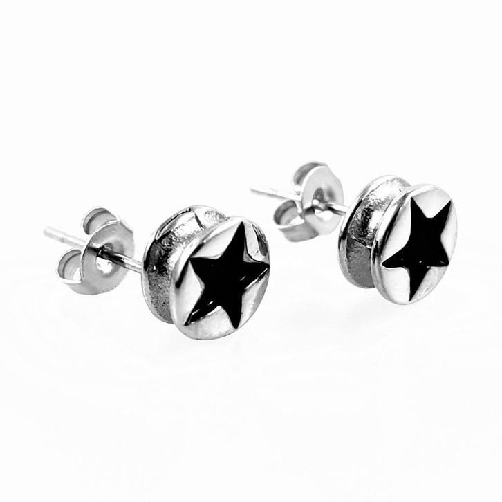Ronde RVS Oorbellen met Zwarte Ster, Sieraden, Tassen en Uiterlijk, Oorbellen, Nieuw, Knopjes of Stekers, Overige materialen, Zilver