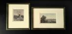 2 leuke schilderijtjes water met boom in donkergroene lijst, Minder dan 50 cm, Gebruikt, Ophalen of Verzenden, Schilderij