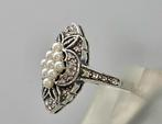 Zilveren Art Deco ring Parel en Swarovski. 2025.561, Ophalen of Verzenden, Zilver, Ring, Met edelsteen