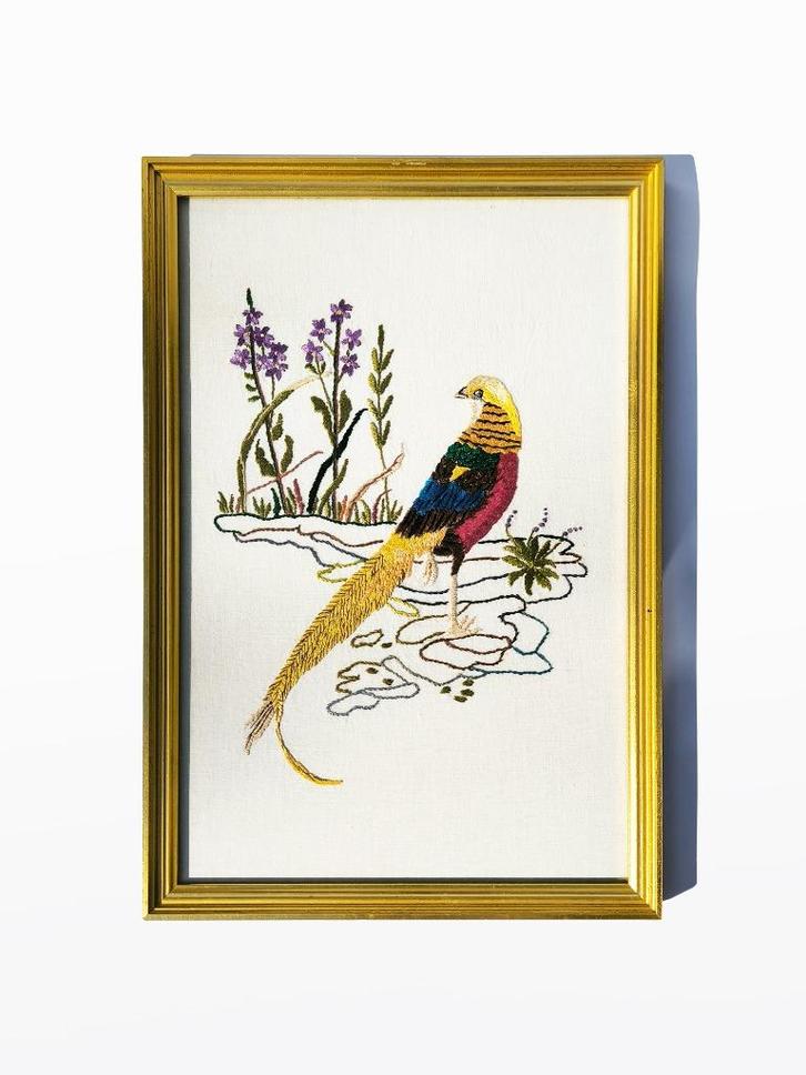 Borduurwerk fazant gouden lijst vintage, Huis en Inrichting, Woonaccessoires | Wanddecoraties, Verzenden