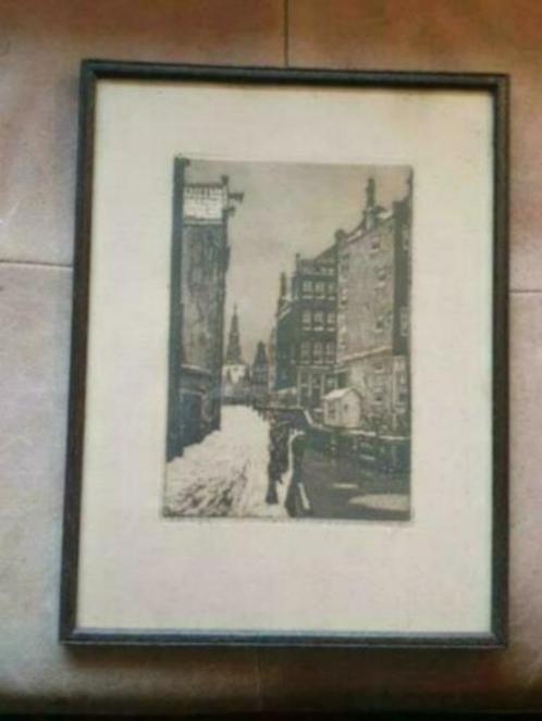 Ets Cornelis Brandenburg - Amsterdam Zeedijk winter gesignee, Antiek en Kunst, Kunst | Etsen en Gravures, Ophalen