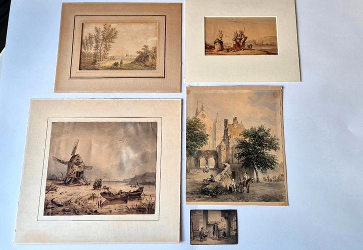 Hollandse school, 5 originele tekeningen, 1e helft 19e eeuw, Antiek en Kunst, Kunst | Schilderijen | Klassiek, Verzenden