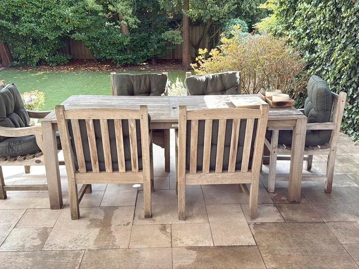 Teak tuinset 6 stoelen, Tuin en Terras, Tuinsets en Loungesets, Gebruikt, Tuinset, Teakhout, 6 zitplaatsen, Eettafel, Ophalen of Verzenden