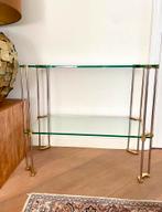 Glazen design Sidetable en salontafel messing poten dik glas, Ophalen, Rechthoekig, Glas, Hollywood Regency, klassiek, modern, messing, mid century