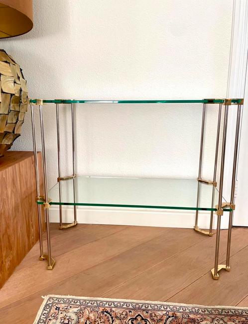 Glazen design Sidetable en salontafel messing poten dik glas, Huis en Inrichting, Tafels | Bijzettafels, Rechthoekig, Glas, Ophalen