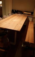 Houten eettafel + eettafel bank met witte poot, Huis en Inrichting, Complete eetkamers, Ophalen, Zo goed als nieuw, 6 tot 8 stoelen
