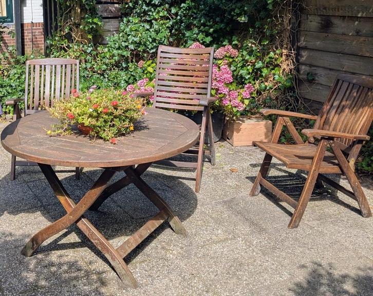 Teakhouten Tuinset - Tafel & 3 Stoelen, Tuin en Terras, Tuinsets en Loungesets, Gebruikt, Tuinset, Teakhout, 4 zitplaatsen, Eettafel