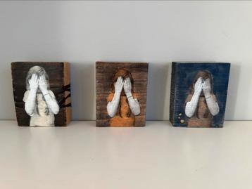 Set van 3 kleine schilderijen op hout van Marieke Peters beschikbaar voor biedingen