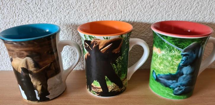 3 WWF Bekers: Gorilla, Neushoorn, Olifant wereldnatuurfonds, Huis en Inrichting, Keuken | Servies, Gebruikt, Overige typen, Overige stijlen