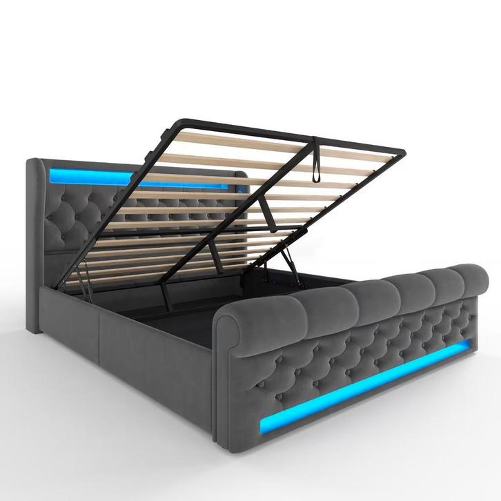 opbergbed grijs fluweel led en usb 160x200 *NIEUW*, Huis en Inrichting, Slaapkamer | Bedden, Nieuw, Tweepersoons, 160 cm, 200 cm