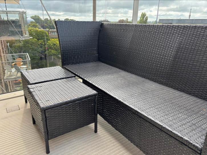 (T.E.A.B.) Tuinbank set met krukjes (zwart), Tuin en Terras, Tuinbanken, Zo goed als nieuw, Kunststof, Ophalen