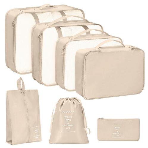 7 delige reisorganisator opbergzakkenset beige met waszak, Sieraden, Tassen en Uiterlijk, Tassen | Reistassen en Weekendtassen