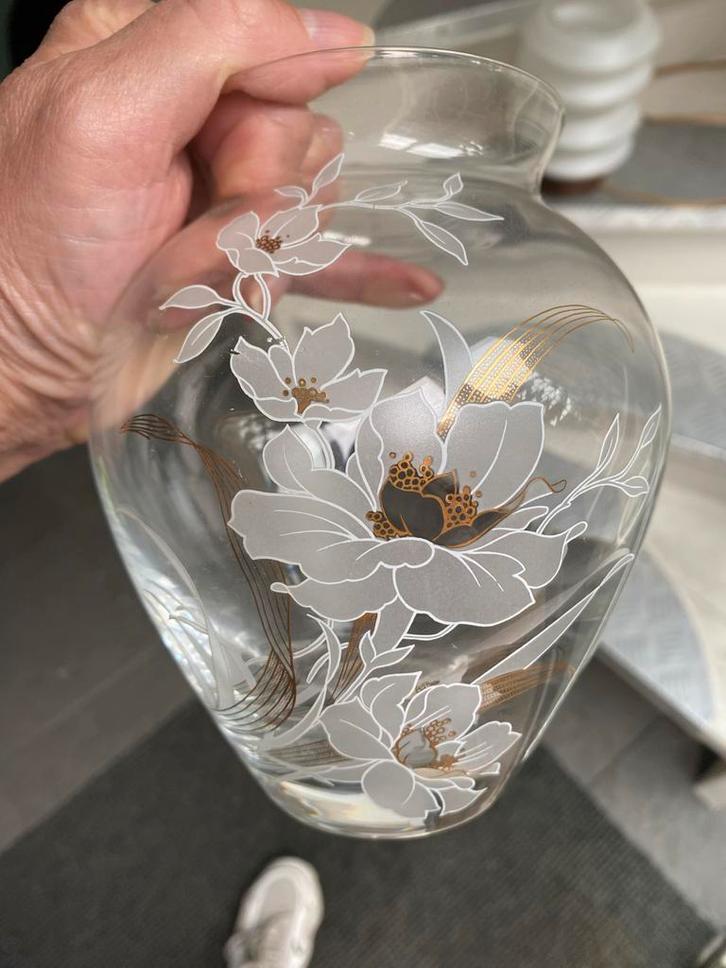 Doska Design Glazen Vaas met Bloemmotief, Huis en Inrichting, Woonaccessoires | Vazen, Gebruikt, Wit, Minder dan 50 cm, Glas, Ophalen of Verzenden