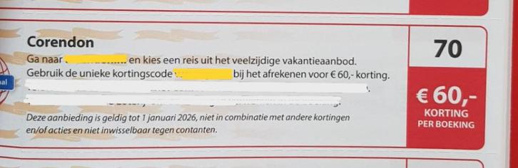 Corendon € 60,- korting per boeking, Tickets en Kaartjes, Kortingen en Cadeaubonnen, Kortingsbon