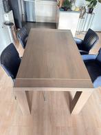 Eiken eettafel met 4 donkerblauwe lederen stoelen, Huis en Inrichting, Ophalen, Gebruikt, Eikenhout, 50 tot 100 cm