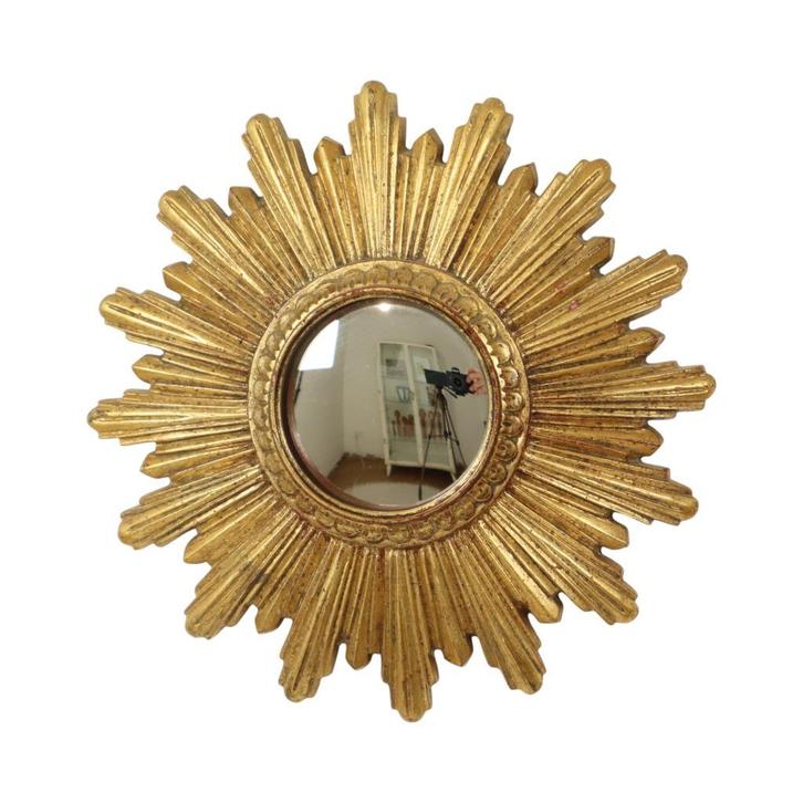 Kleine Sunburst Spiegel Bladgoud Convex Zonnespiegel 25cm, Antiek en Kunst, Antiek | Spiegels, Minder dan 50 cm, Minder dan 100 cm