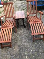 2 Ligstoelen (deckchair) met oude tafeltje, Tuin en Terras, Ophalen, Gebruikt, Hout, Verstelbaar