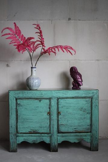 Unieke Aziatische Kast Vintage Turquoise Chinees Dressoir beschikbaar voor biedingen