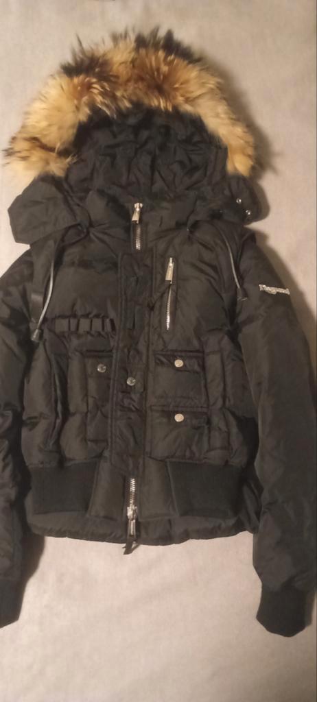 Dsquared2 zwarte bomberjack met wasbeer bontkraag in maat 44, Kleding | Heren, Jassen | Winter, Zo goed als nieuw, Maat 46 (S) of kleiner