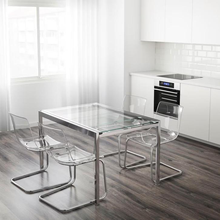 uitschuifbare eettafel - glas - aluminium - IKEA, Huis en Inrichting, Tafels | Eettafels, Gebruikt, 50 tot 100 cm, 100 tot 150 cm