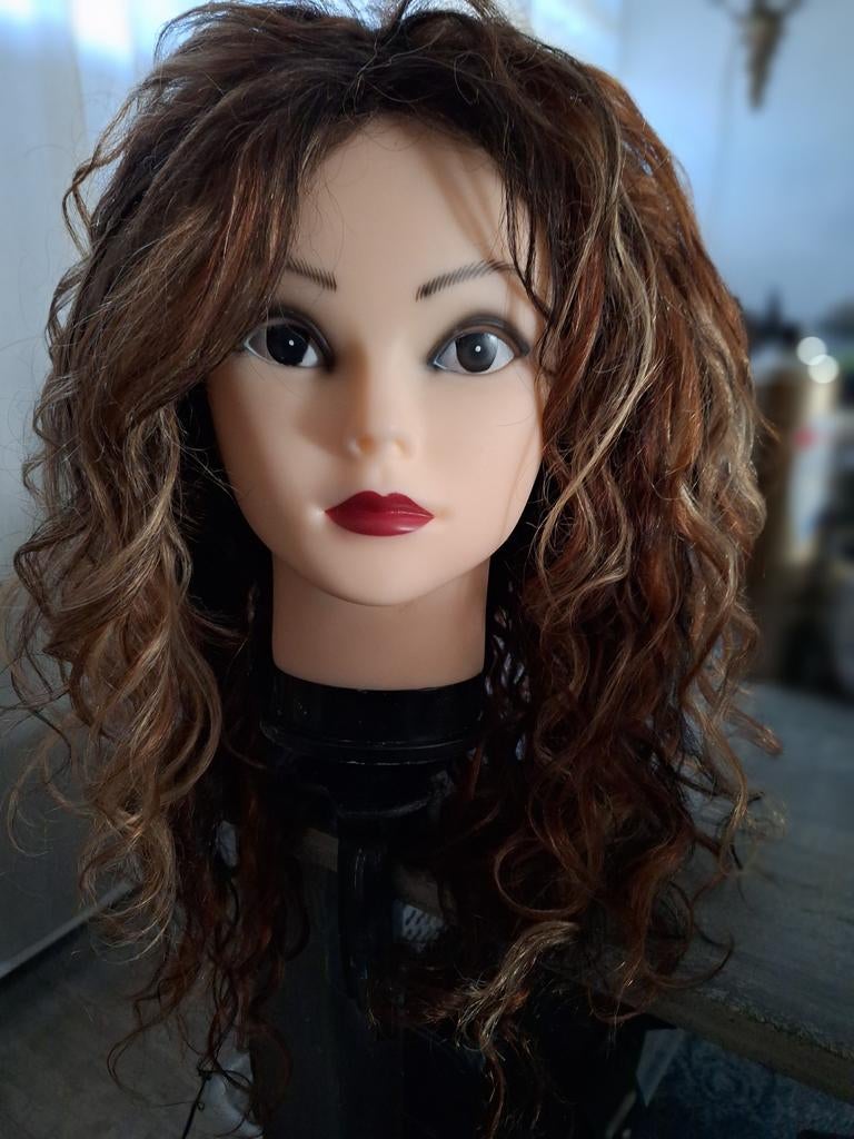 Pruik van menselijk haar - Krullend, bruin met highlights, Ophalen of Verzenden, Gebruikt, Pruik of Haarverlenging