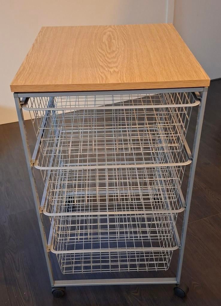 Ladeblok met 4 metalen manden en houten blad, Gebruikt, Modern, Industrieel, 100 tot 150 cm, 50 tot 100 cm