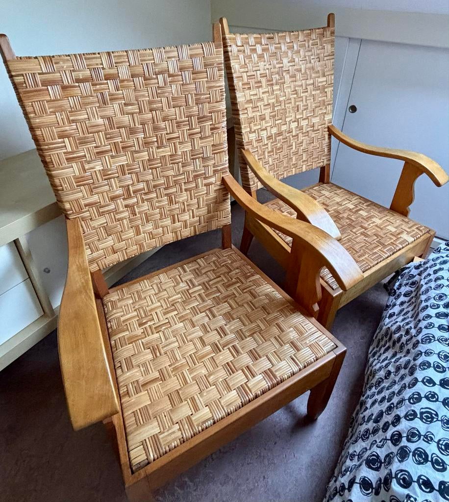 Twee vintage pitriet armstoelen - jaren '40/'50, Ophalen