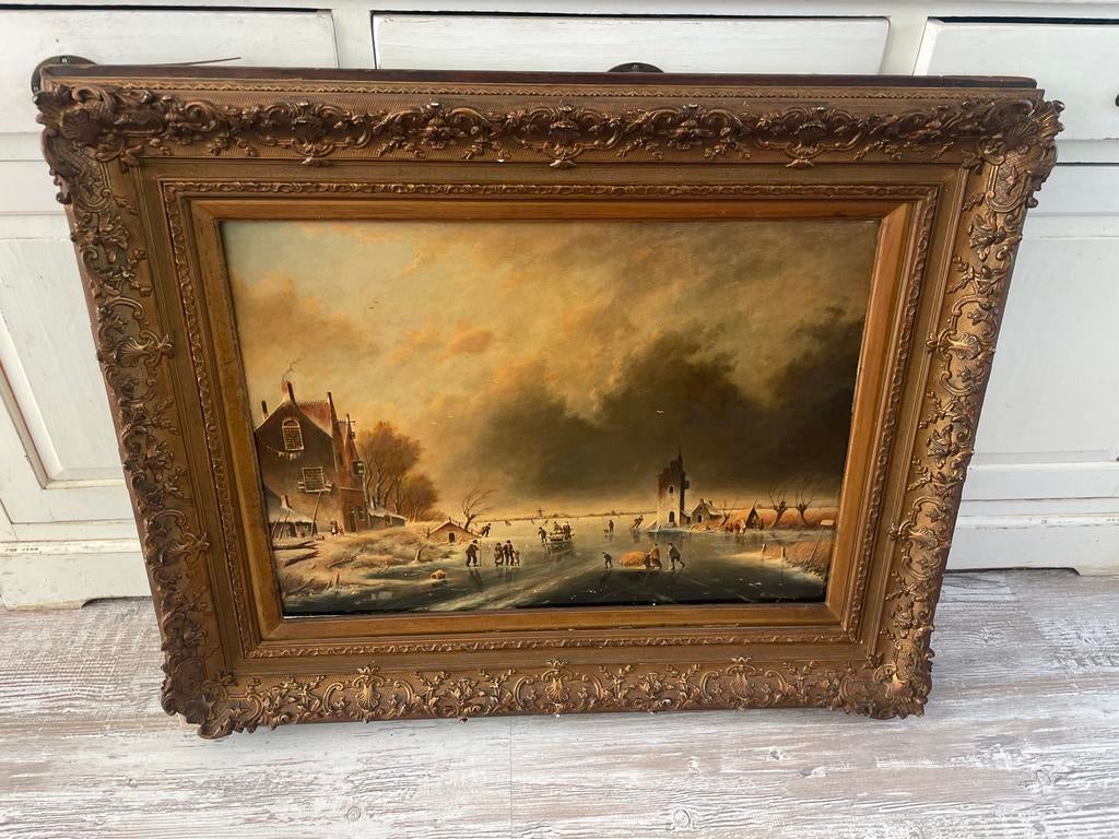 Groot Antiek Olieverf Schilderij A. Marijnissen Winterlandsc, Antiek en Kunst, Kunst | Schilderijen | Klassiek, Ophalen of Verzenden
