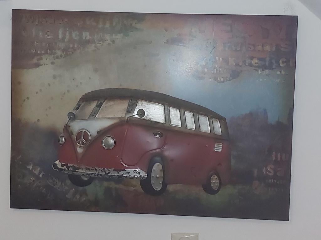 Wanddecoratie VW Bus 3D Metaal - Vintage Stijl, Metaal, Wandsculptuur, Ophalen of Verzenden, Zo goed als nieuw