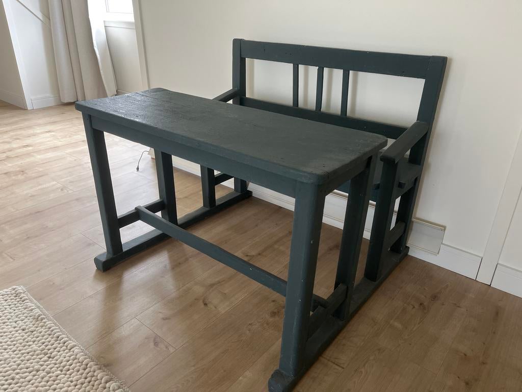 Vintage schoolbankje / kinderbureau - donkergroen, Antiek en Kunst, Ophalen of Verzenden