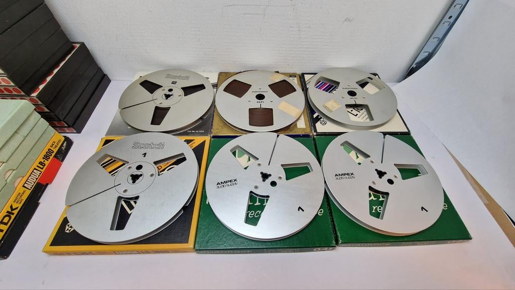 6x Metalen Spoelen 18cm met Dozen - Scotch, Ampex, Shamrock, Ophalen of Verzenden, Onderdeel, Met banden