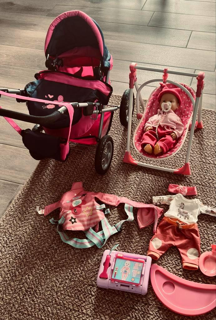 Poppenwagen, schommelstoel, pop & accessoires, Kinderen en Baby's, Speelgoed | Poppen, Gebruikt, Babypop, Ophalen