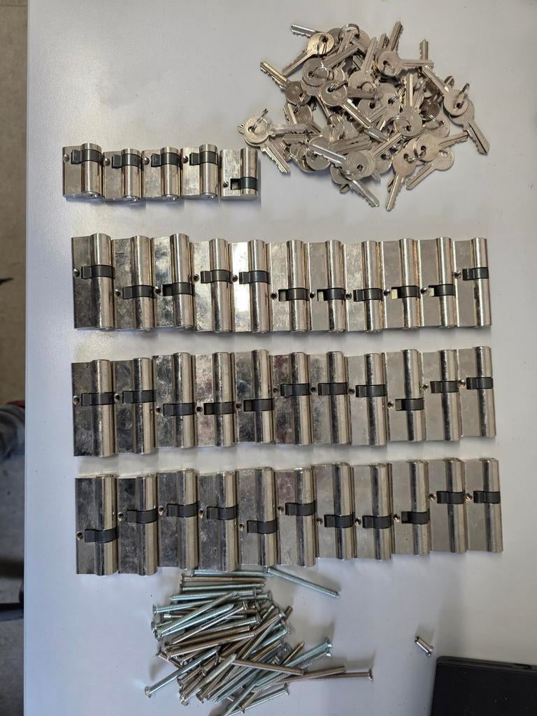 Partij cilindersloten met sleutels en schroeven, Ophalen of Verzenden, Gebruikt, Overige materialen, Slot