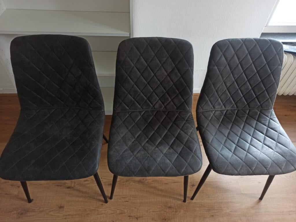 3 eetkamerstoelen grijs, ruitpatroon, zwarte poten, Huis en Inrichting, Stoelen, Ophalen, Gebruikt, Vijf, Zes of meer stoelen