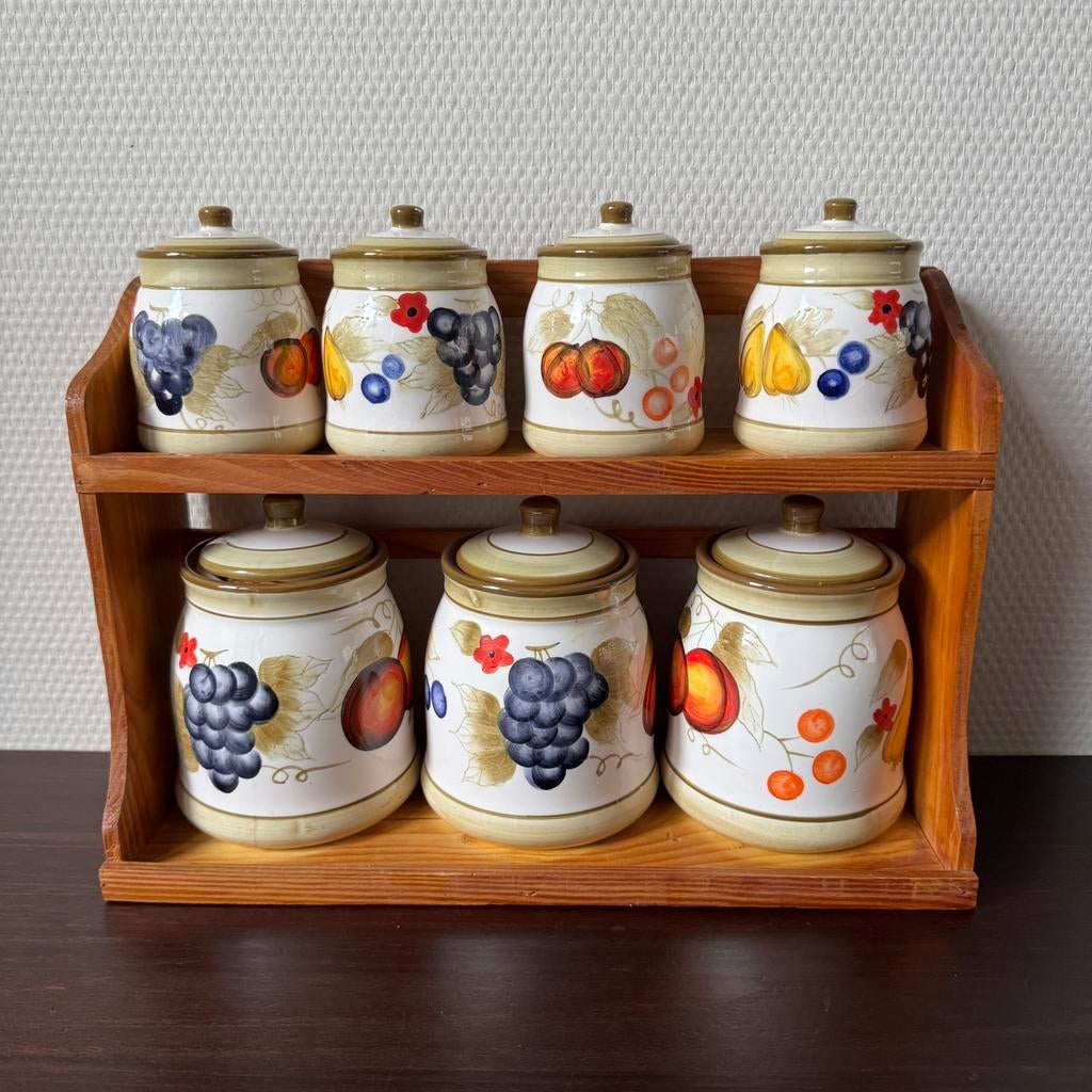 Vintage Houten Kruidenrek met 7 Potten, Voorraadpotten, Voorraadpot, Ophalen, Gebruikt, Steen/keramiek