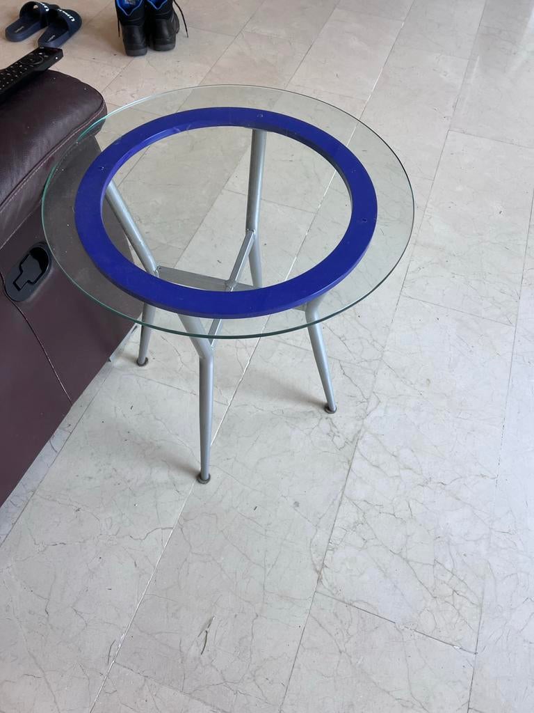 Glazen bijzettafel met blauwe ring, Minder dan 55 cm, Gebruikt, Rond, Glas