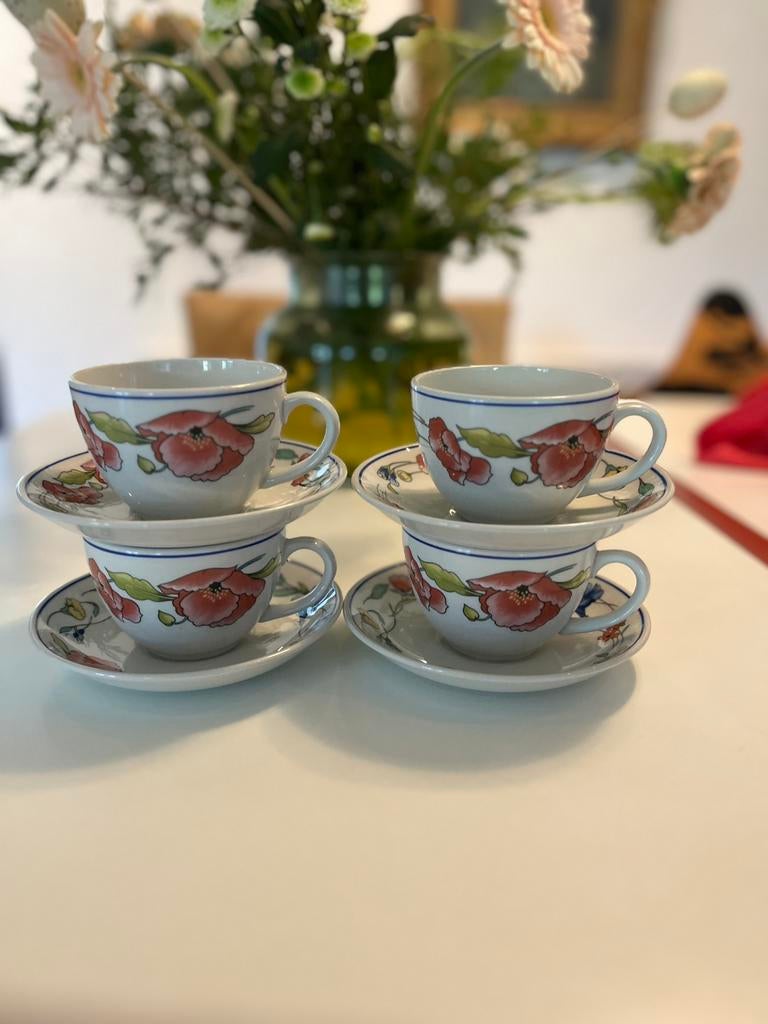 Vintage set Wood & Sons "Alpine Meadow" 4 koppen en schotels, Ophalen of Verzenden, Gebruikt, Overige stijlen, Kop(pen) en/of Schotel(s)